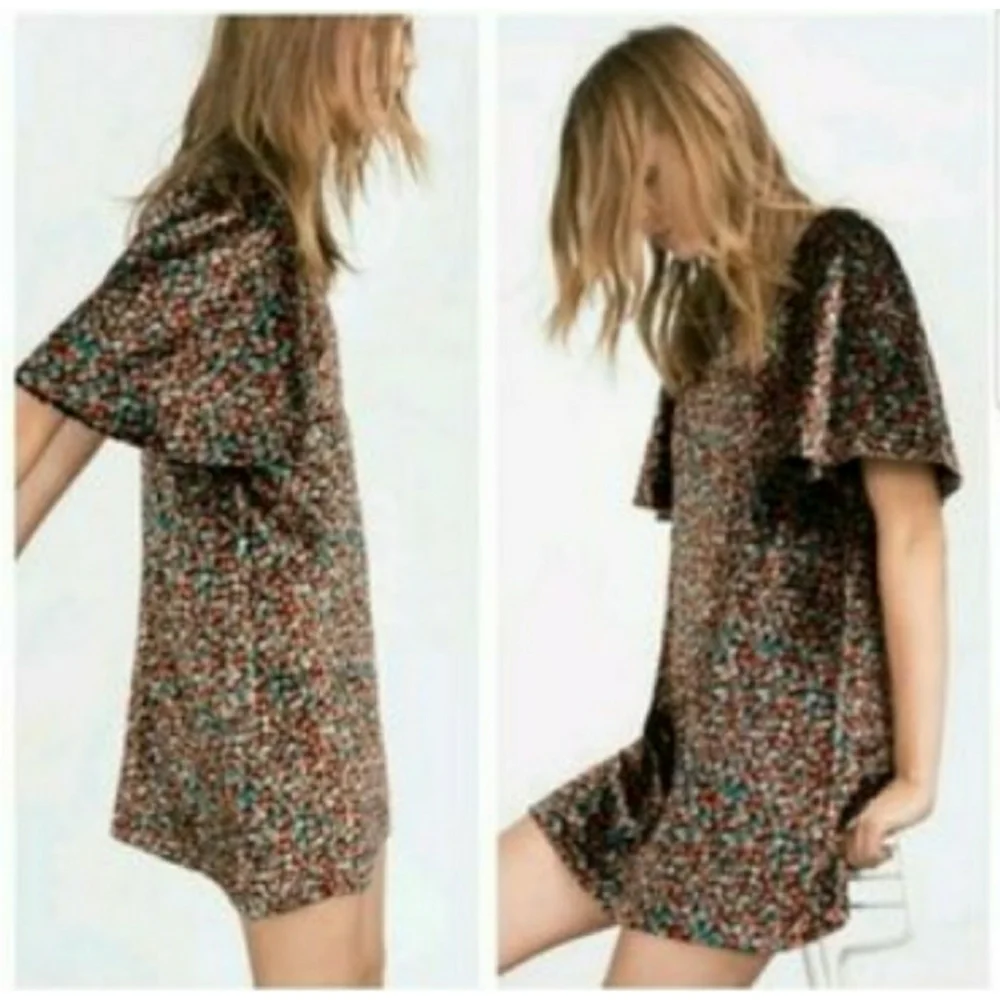 ZARA // short bell sleeve floral velvet mini dress